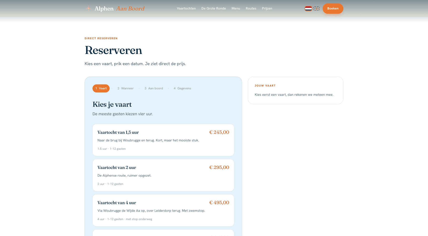 Het reserveringssysteem van Alphen Aan Boord met vaarten en prijzen