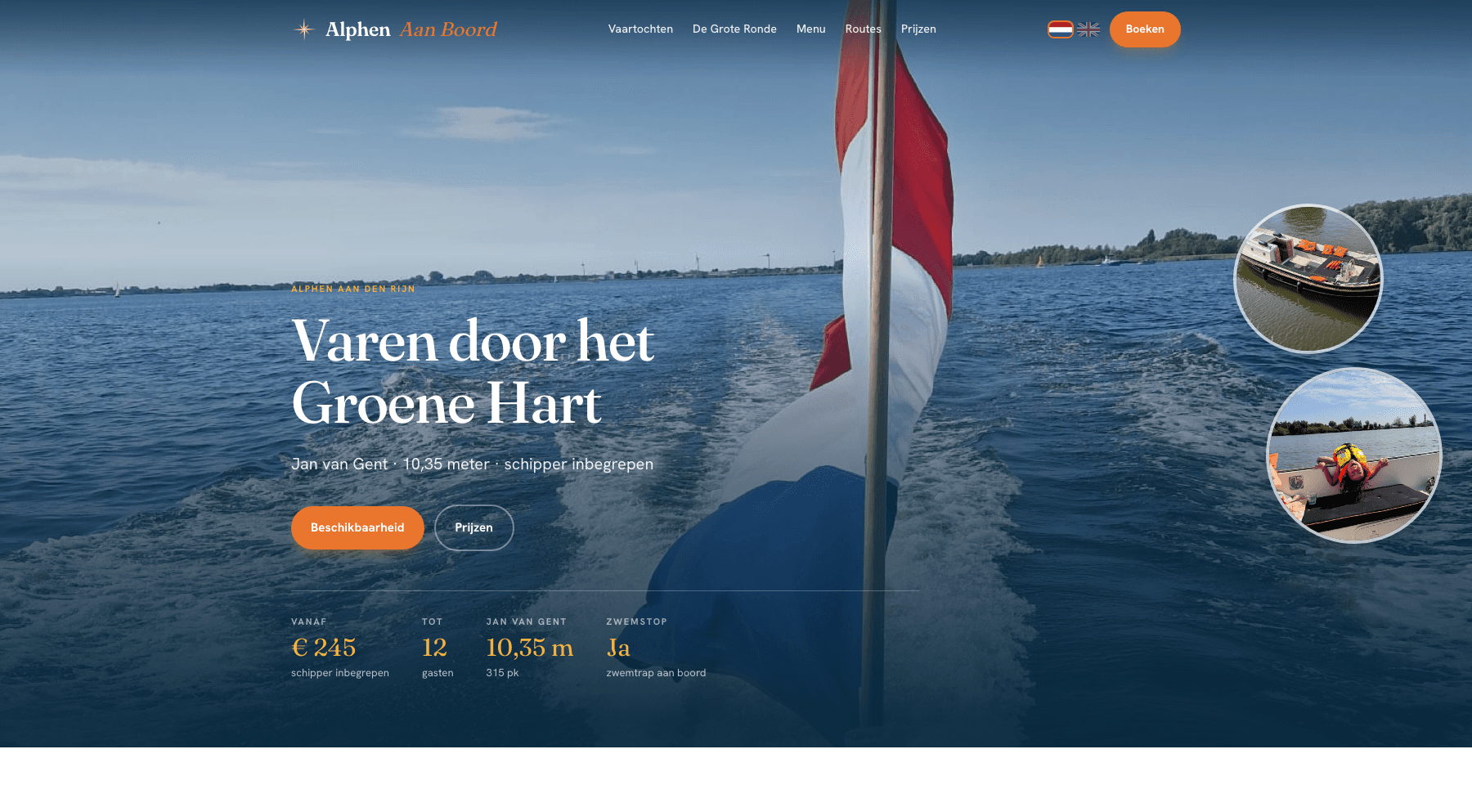 De homepage van Alphen Aan Boord met de Nederlandse vlag boven het kielzog