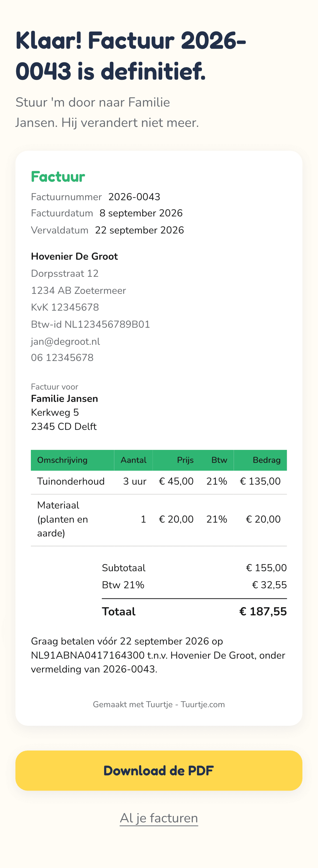 De definitieve factuur in Tuurtje, klaar om te versturen