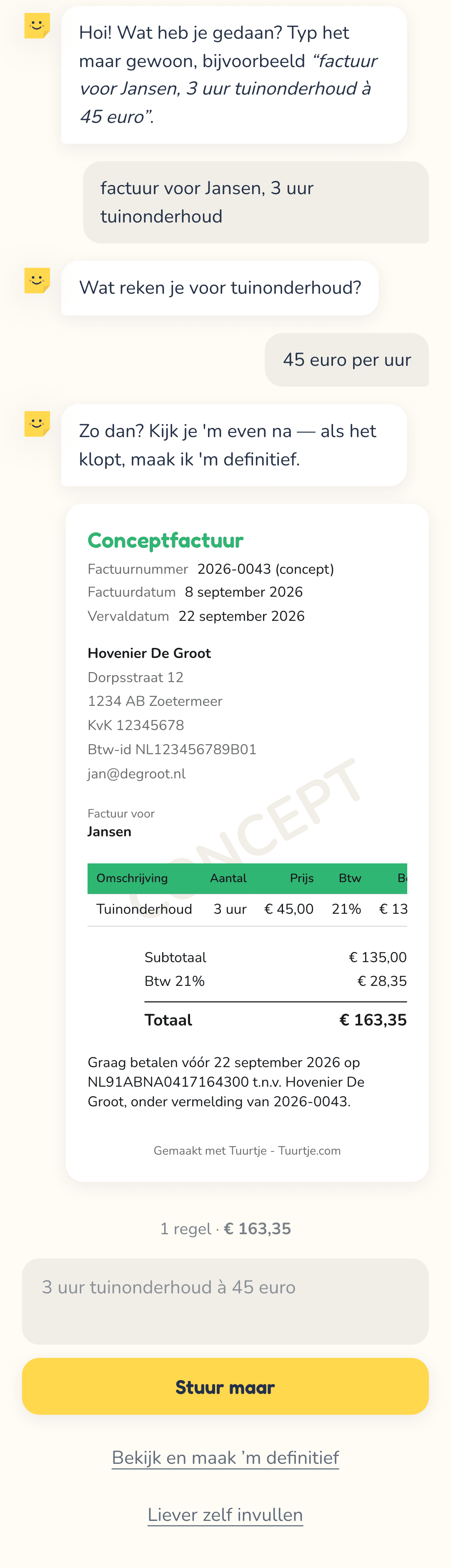 Een gesprek in Tuurtje waarin een factuur wordt opgebouwd uit een berichtje